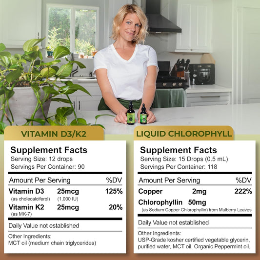 Vegan-Friendly Liquid Vitamin D3 with K2 & Chlorophyll Supplement - Sodium Copper Chlorophyllin Formula
