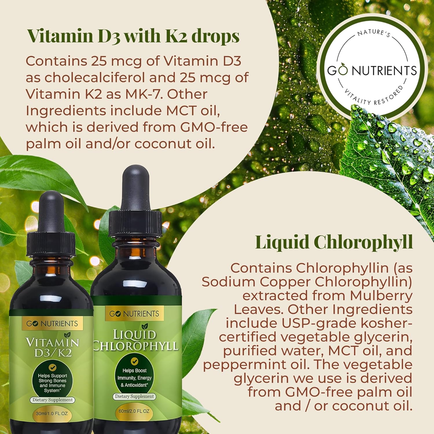 Vegan-Friendly Liquid Vitamin D3 with K2 & Chlorophyll Supplement - Sodium Copper Chlorophyllin Formula