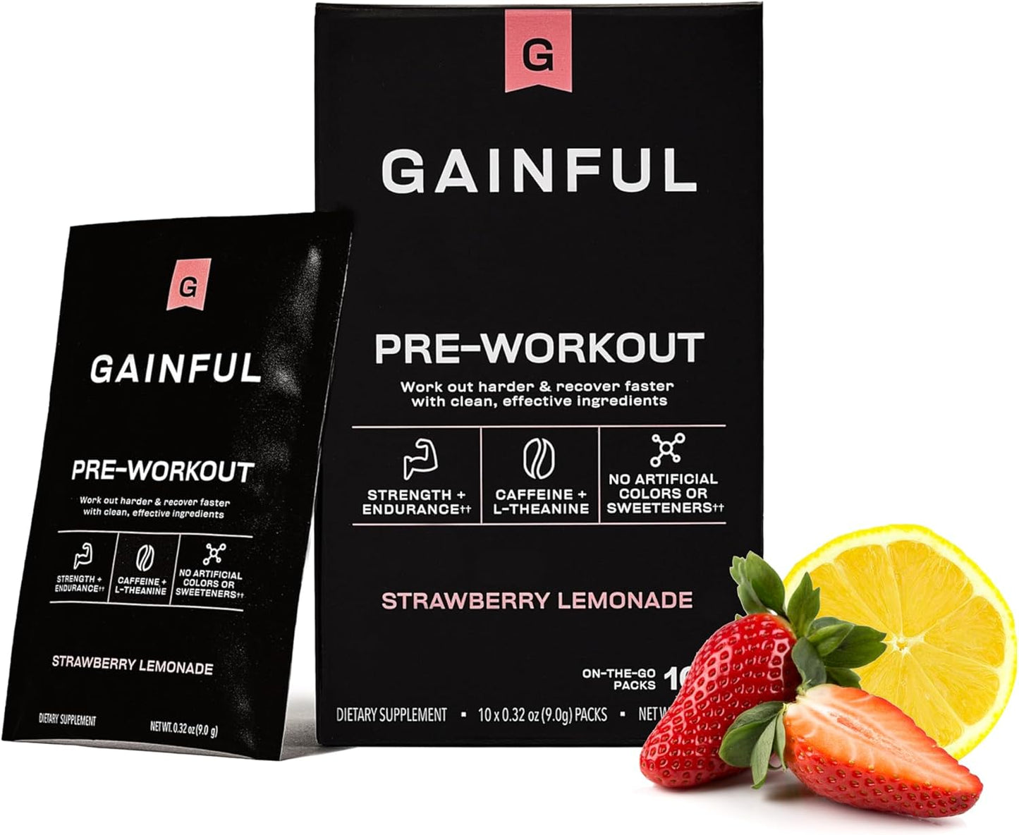 Vegan Gainful Pre Workout Powder for Energy, Focus, Endurance, and Recovery - Strawberry Lemonade, 10 Ct