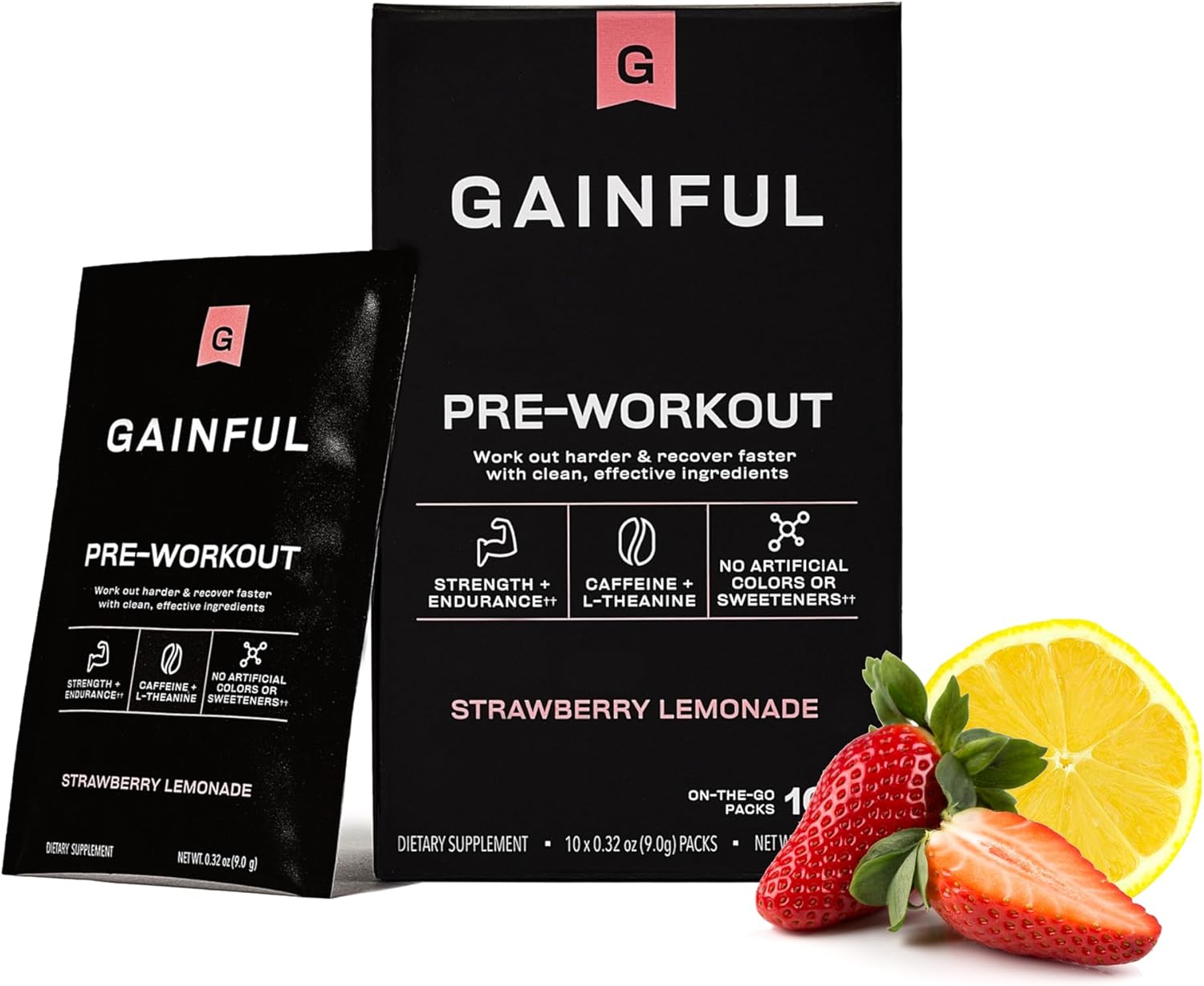 Vegan Gainful Pre Workout Powder for Energy, Focus, Endurance, and Recovery - Strawberry Lemonade, 10 Ct