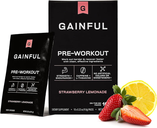 Vegan Gainful Pre Workout Powder for Energy, Focus, Endurance, and Recovery - Strawberry Lemonade, 10 Ct