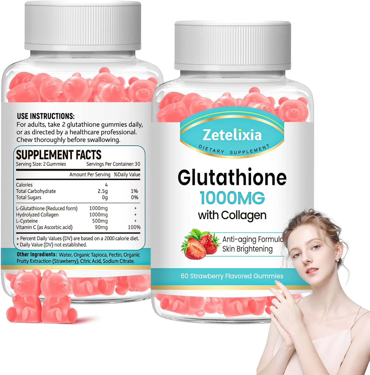 Vegan Glutathione Collagen Gummies with Vitamin C - Anti-Aging Supplement for Hair, Skin, Nails, Muscles & Joints - Strawberry Flavor, 120 Count