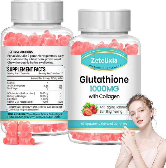 Vegan Glutathione Collagen Gummies with Vitamin C - Anti-Aging Supplement for Hair, Skin, Nails, Muscles & Joints - Strawberry Flavor, 120 Count