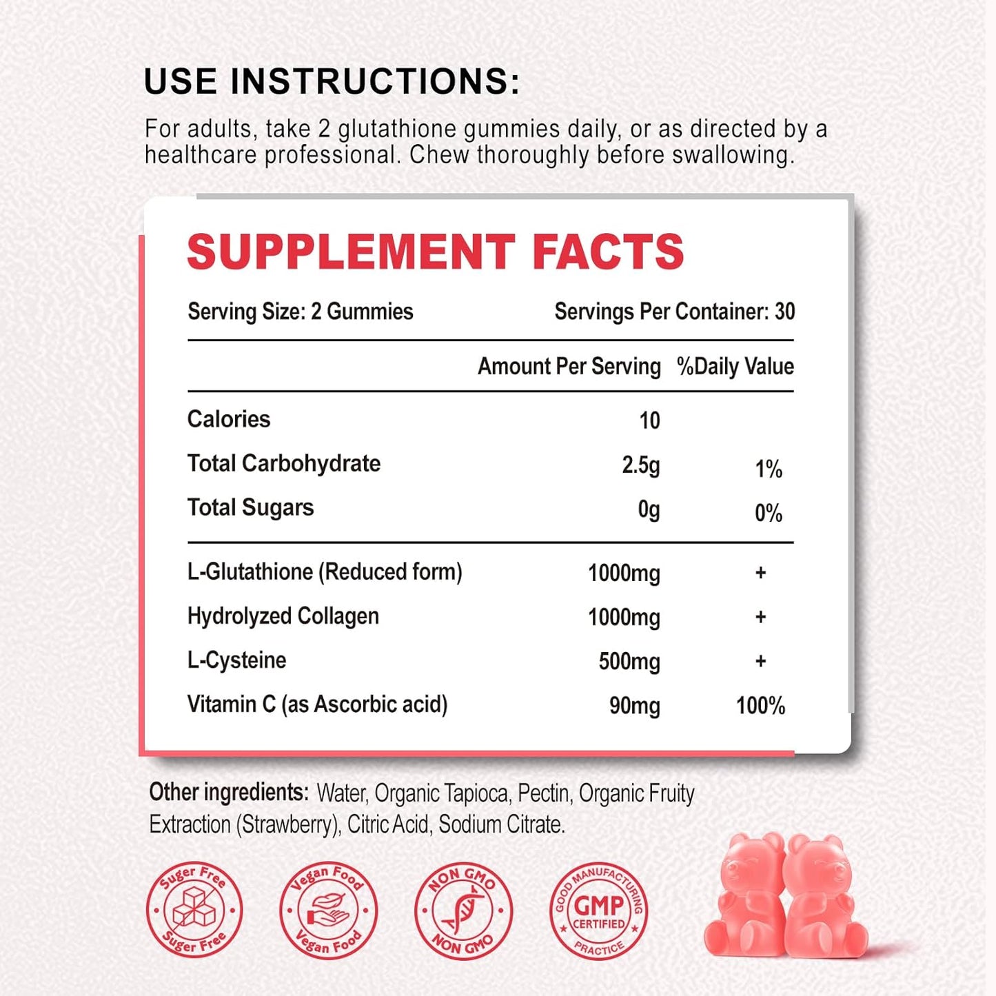 Vegan Glutathione Collagen Gummies with Vitamin C - Anti-Aging Supplement for Hair, Skin, Nails, Muscles & Joints - Strawberry Flavor, 120 Count