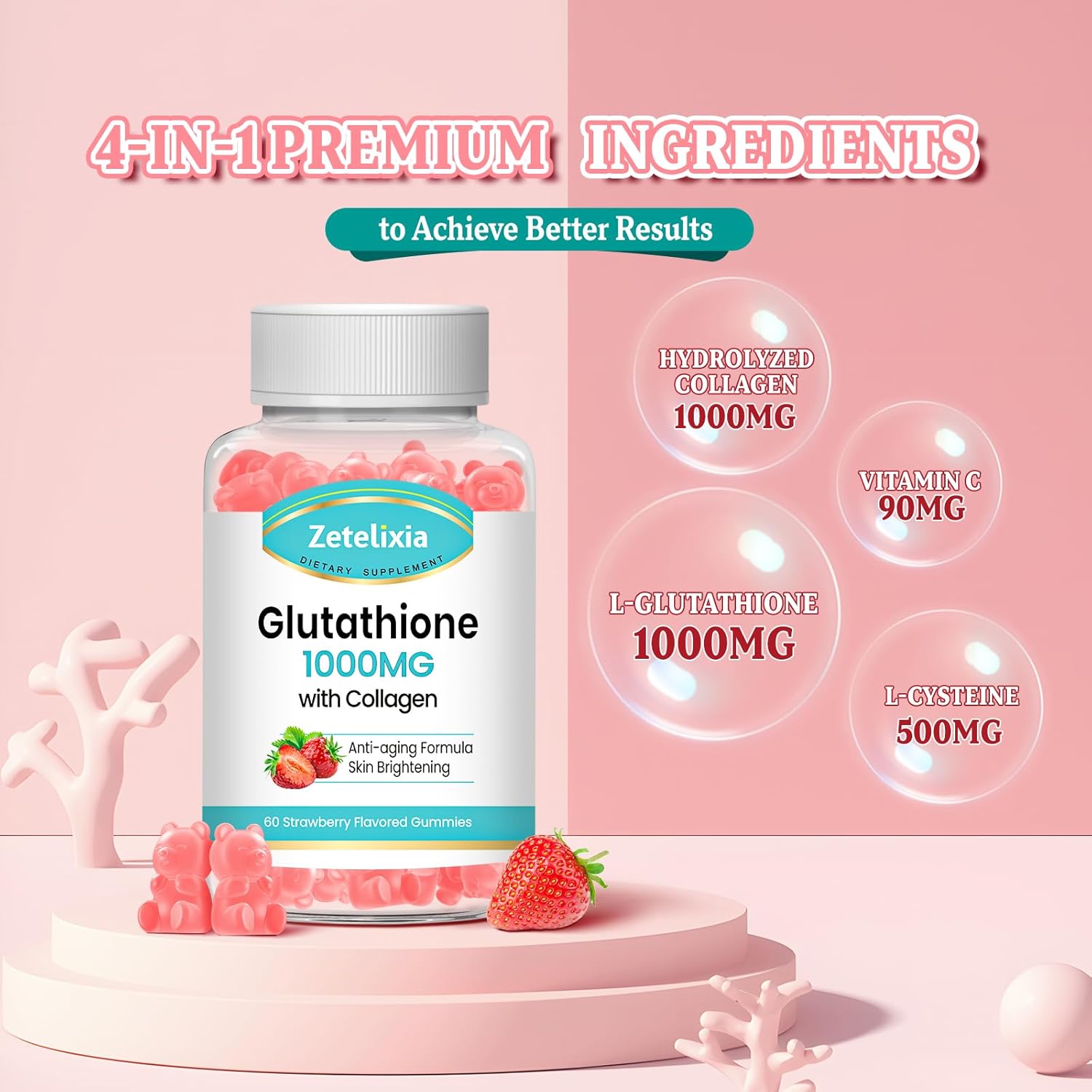 Vegan Glutathione Collagen Gummies with Vitamin C - Anti-Aging Supplement for Hair, Skin, Nails, Muscles & Joints - Strawberry Flavor, 120 Count