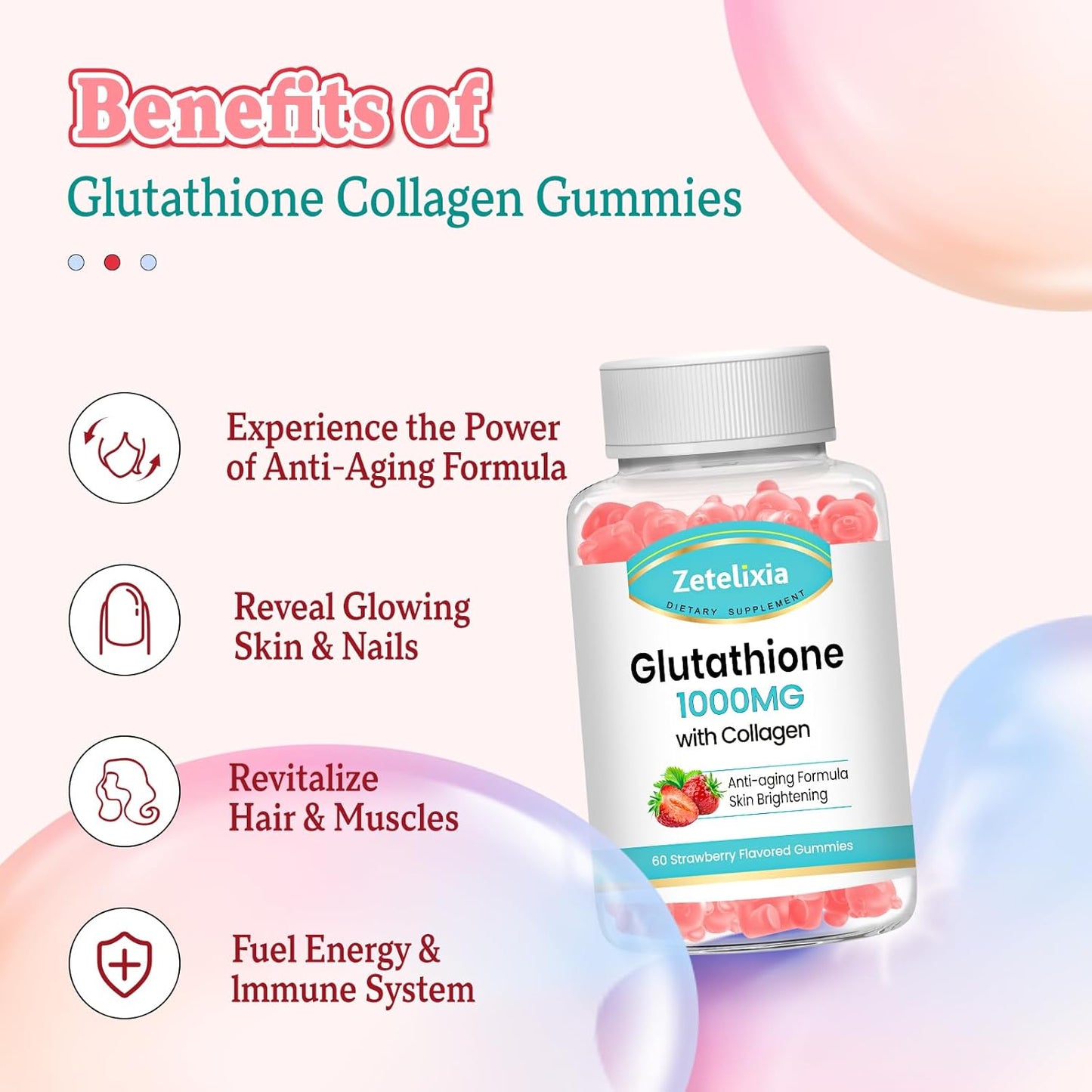 Vegan Glutathione Collagen Gummies with Vitamin C - Anti-Aging Supplement for Hair, Skin, Nails, Muscles & Joints - Strawberry Flavor, 120 Count