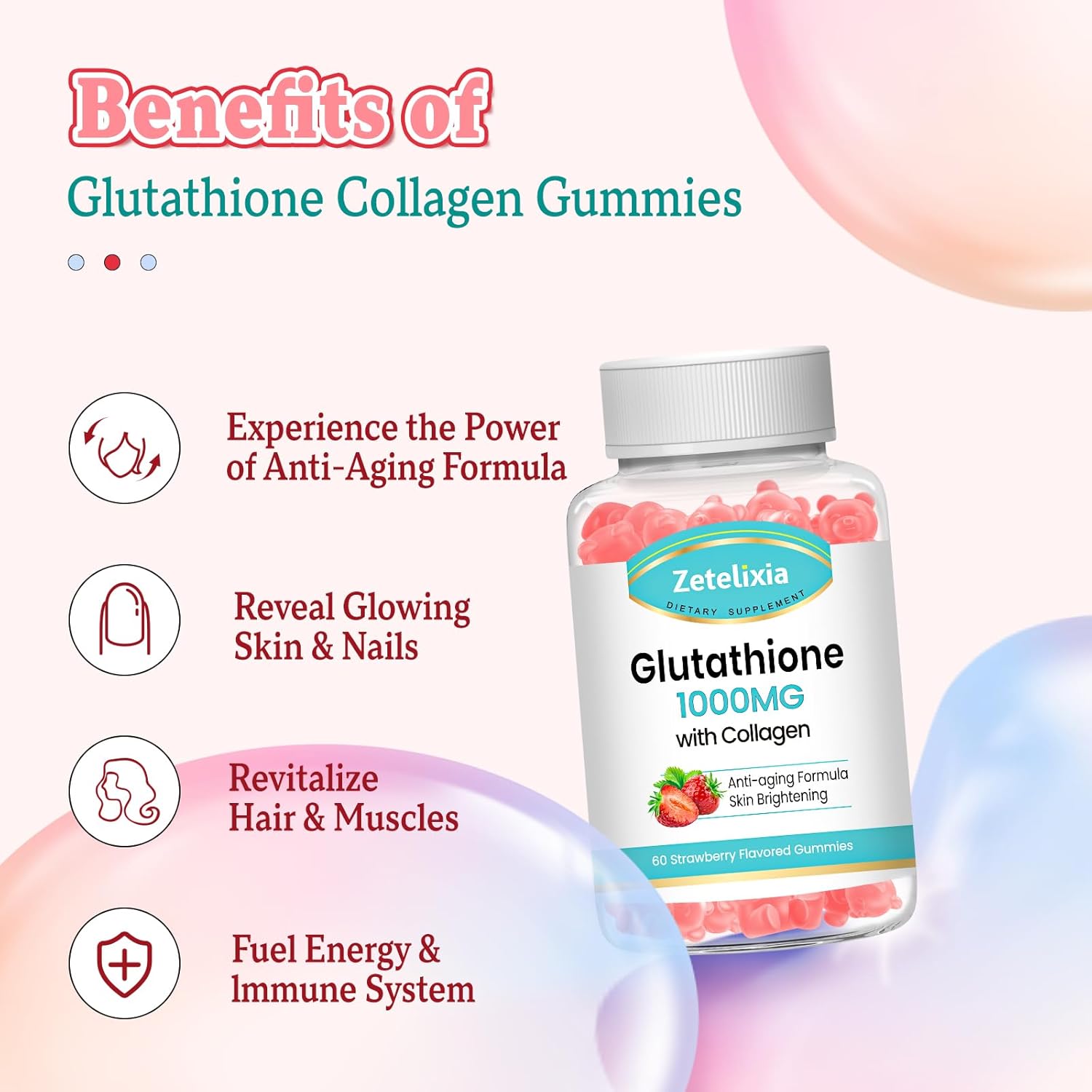 Vegan Glutathione Collagen Gummies with Vitamin C - Anti-Aging Supplement for Hair, Skin, Nails, Muscles & Joints - Strawberry Flavor, 120 Count