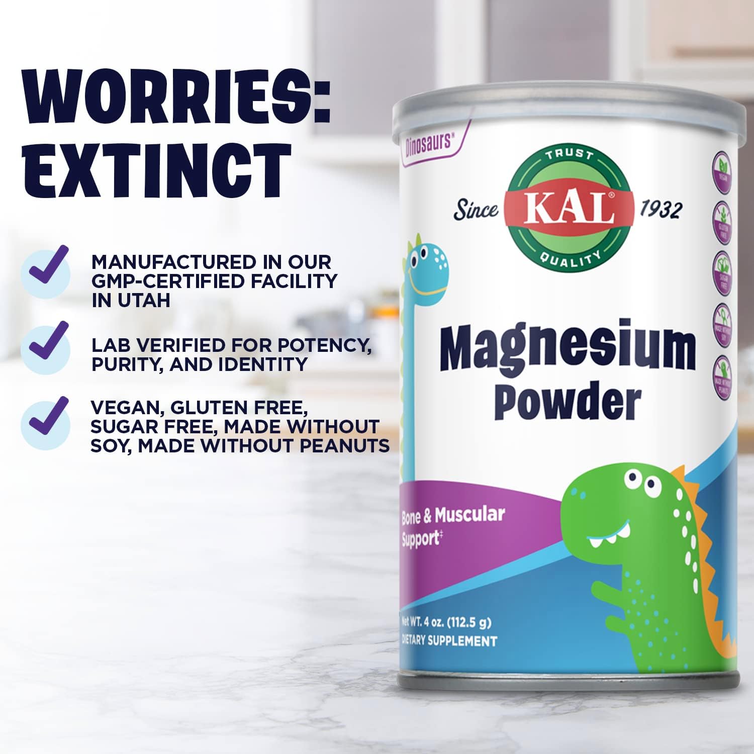 Vegan Gluten-Free Magnesium Citrate Powder for Kids, Healthy Bone & Nerve Support, 90 Servings, 4 oz