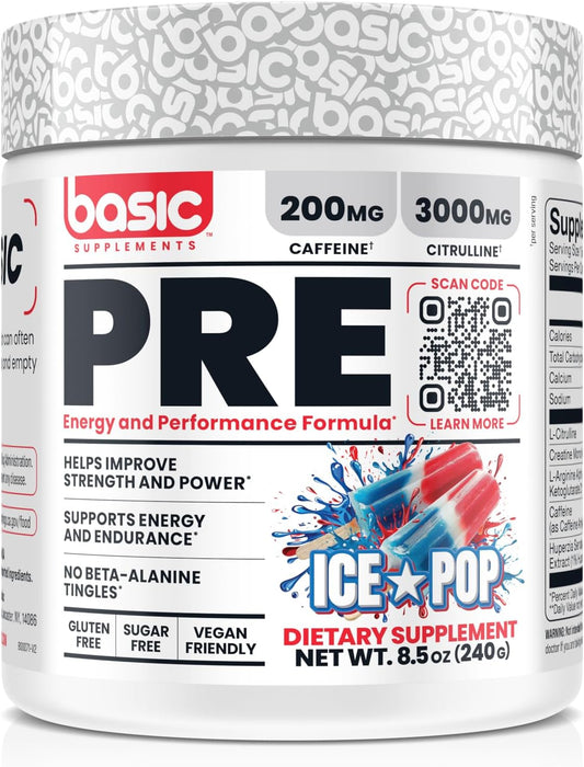 Vegan Gluten-Free Pre-Workout Supplement with Caffeine and Citrulline for Energy and Focus (30 Servings)