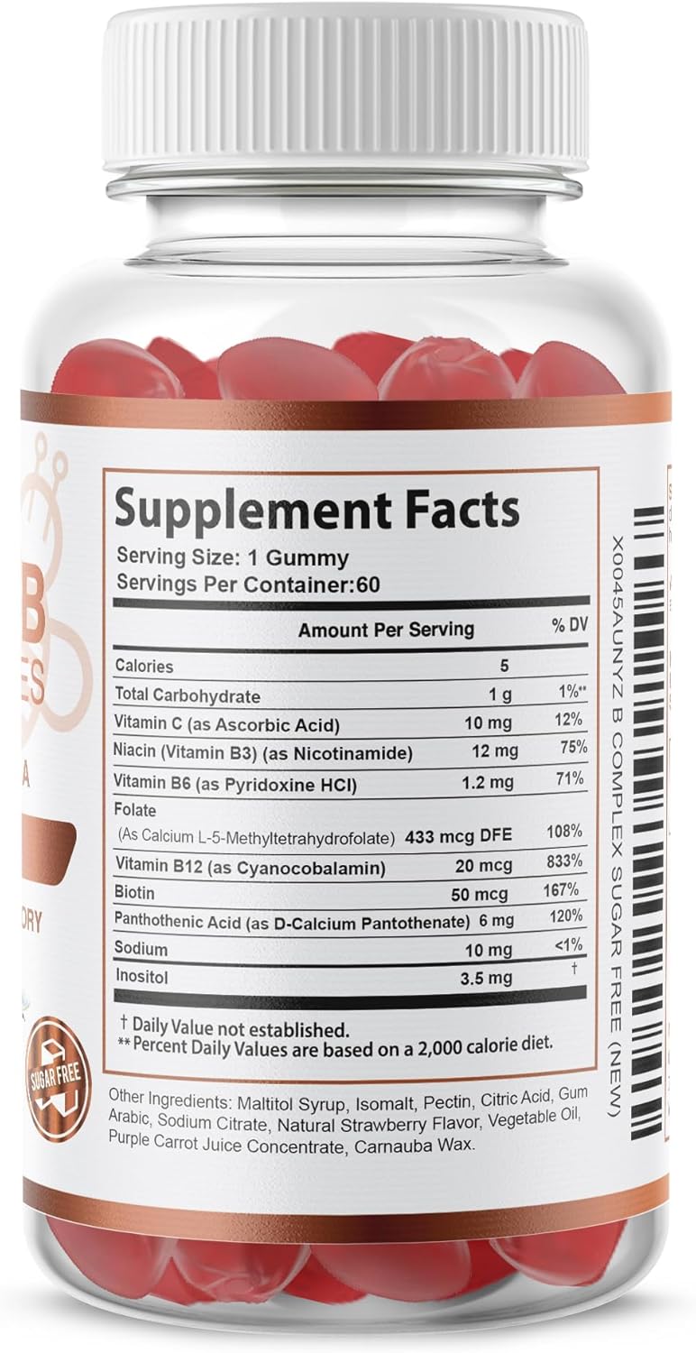 Vegan Gummies with Vitamin B Complex, B12, Biotin, Niacin, Folate - Stress Relief, Energy Boost, Immune Support - Sugar Free - 1 Pack