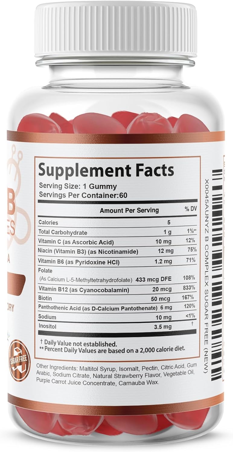 Vegan Gummies with Vitamin B Complex, B12, Biotin, Niacin, Folate - Stress Relief, Energy Boost, Immune Support - Sugar Free - 1 Pack