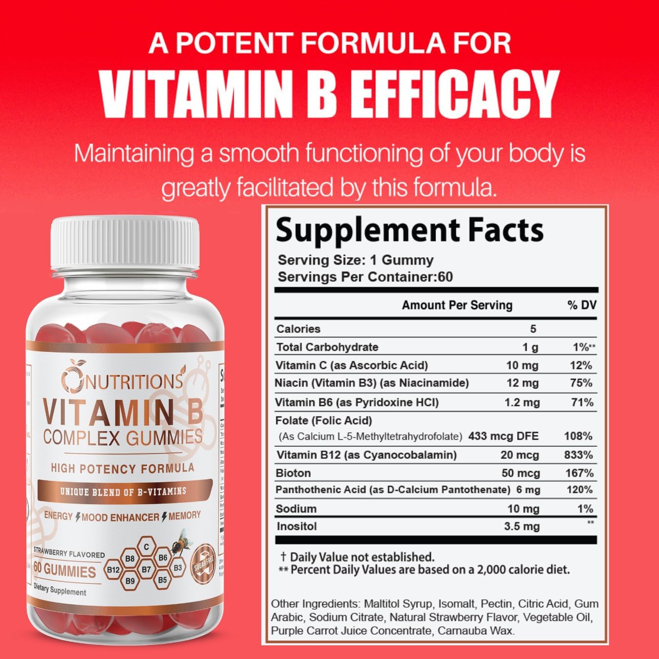 Vegan Gummies with Vitamin B Complex, B12, Biotin, Niacin, Folate - Stress Relief, Energy Boost, Immune Support - Sugar Free - 1 Pack
