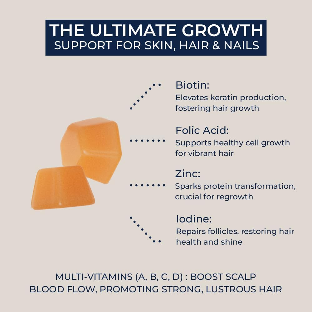 Vegan Hair Growth Gummies with Biotin & Zinc - Hair, Skin, Nails Support - 60 Count