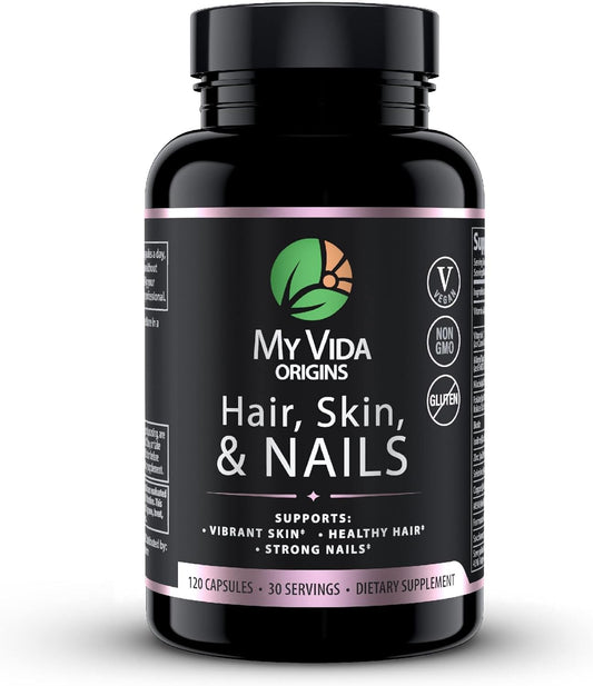 Vegan Hair Skin Nails Supplement | Supports Natural Beauty | Thicker Hair, Stronger Nails, Vibrant Skin | With Zinc, Biotin, Vitamin E | 120 Capsules
