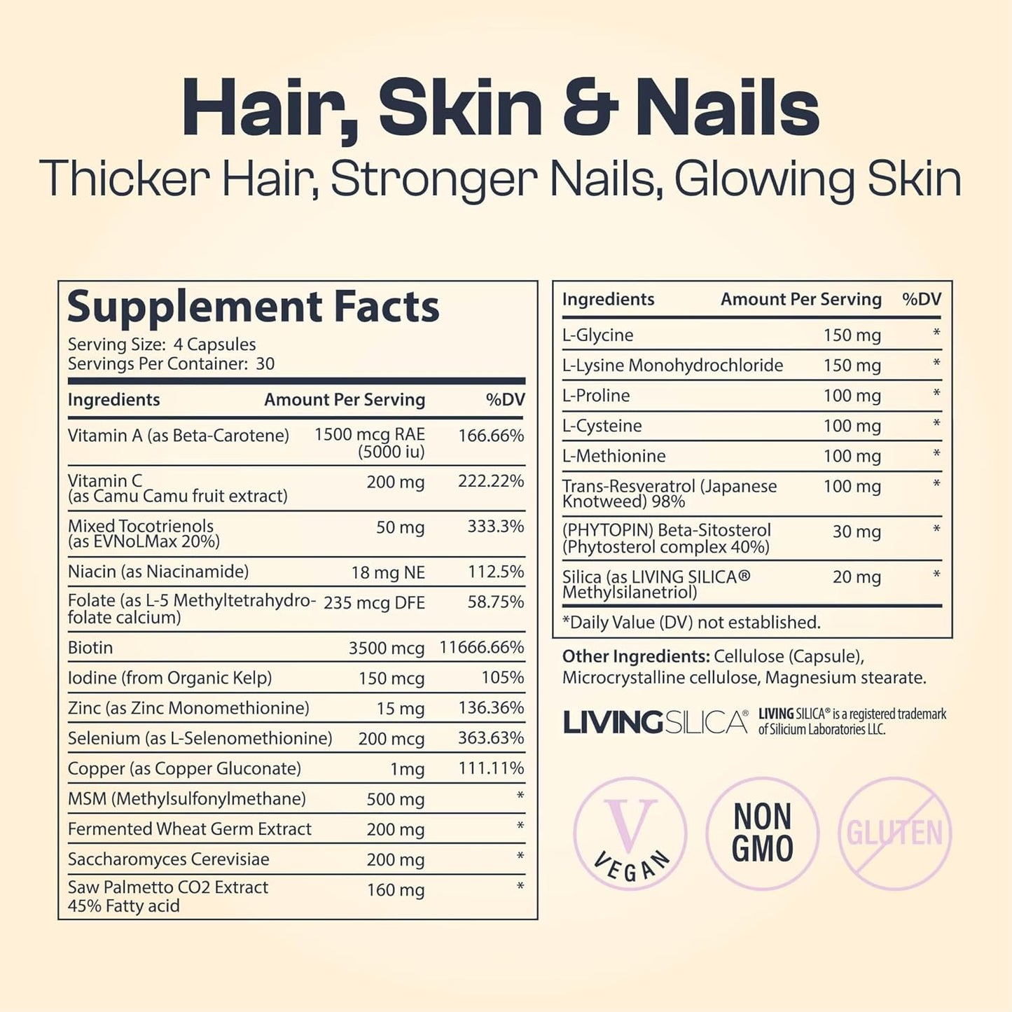 Vegan Hair Skin Nails Supplement | Supports Natural Beauty | Thicker Hair, Stronger Nails, Vibrant Skin | With Zinc, Biotin, Vitamin E | 120 Capsules