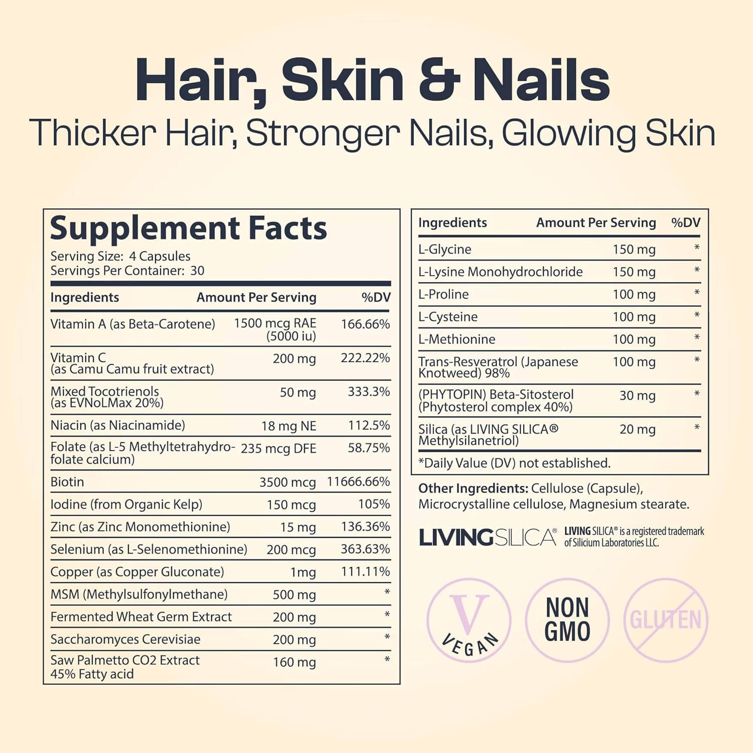 Vegan Hair Skin Nails Supplement | Supports Natural Beauty | Thicker Hair, Stronger Nails, Vibrant Skin | With Zinc, Biotin, Vitamin E | 120 Capsules