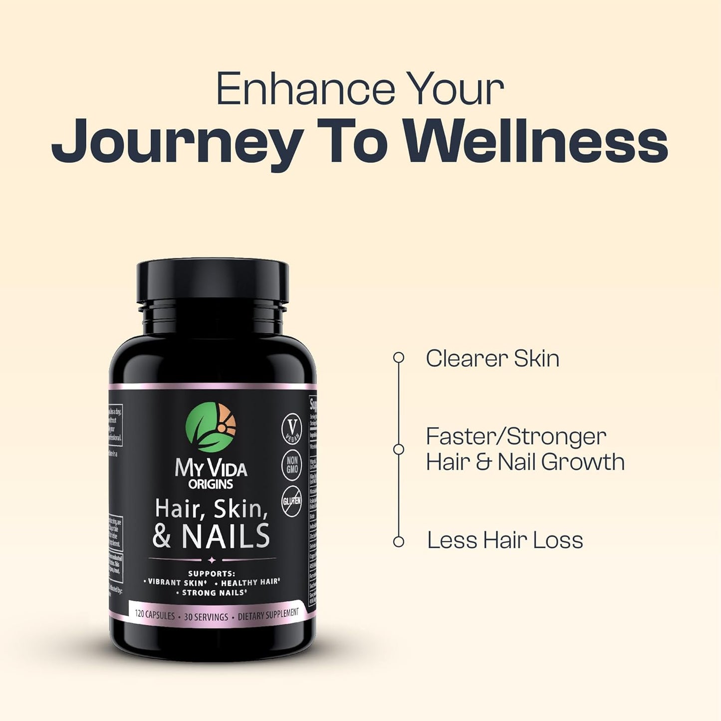 Vegan Hair Skin Nails Supplement | Supports Natural Beauty | Thicker Hair, Stronger Nails, Vibrant Skin | With Zinc, Biotin, Vitamin E | 120 Capsules