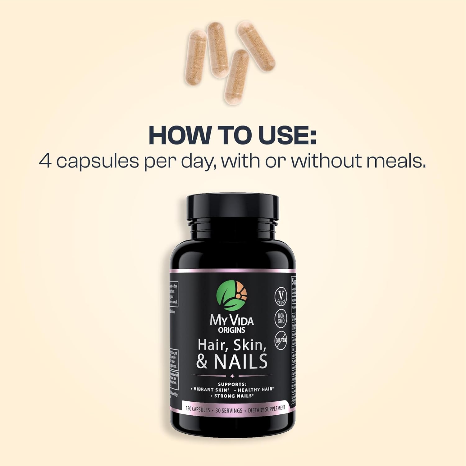 Vegan Hair Skin Nails Supplement | Supports Natural Beauty | Thicker Hair, Stronger Nails, Vibrant Skin | With Zinc, Biotin, Vitamin E | 120 Capsules