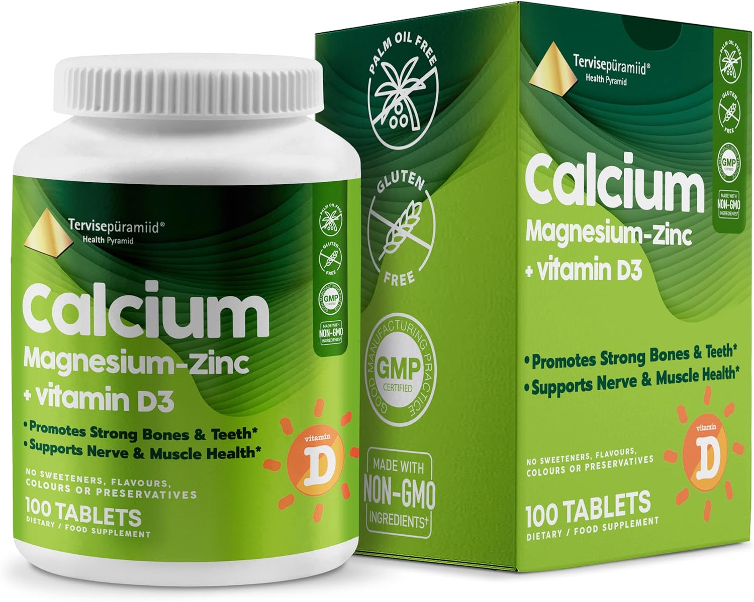 Vegan Health Pyramid Calcium Magnesium Zinc with Vitamin D3 Tablets for Strong Bones and Nerves