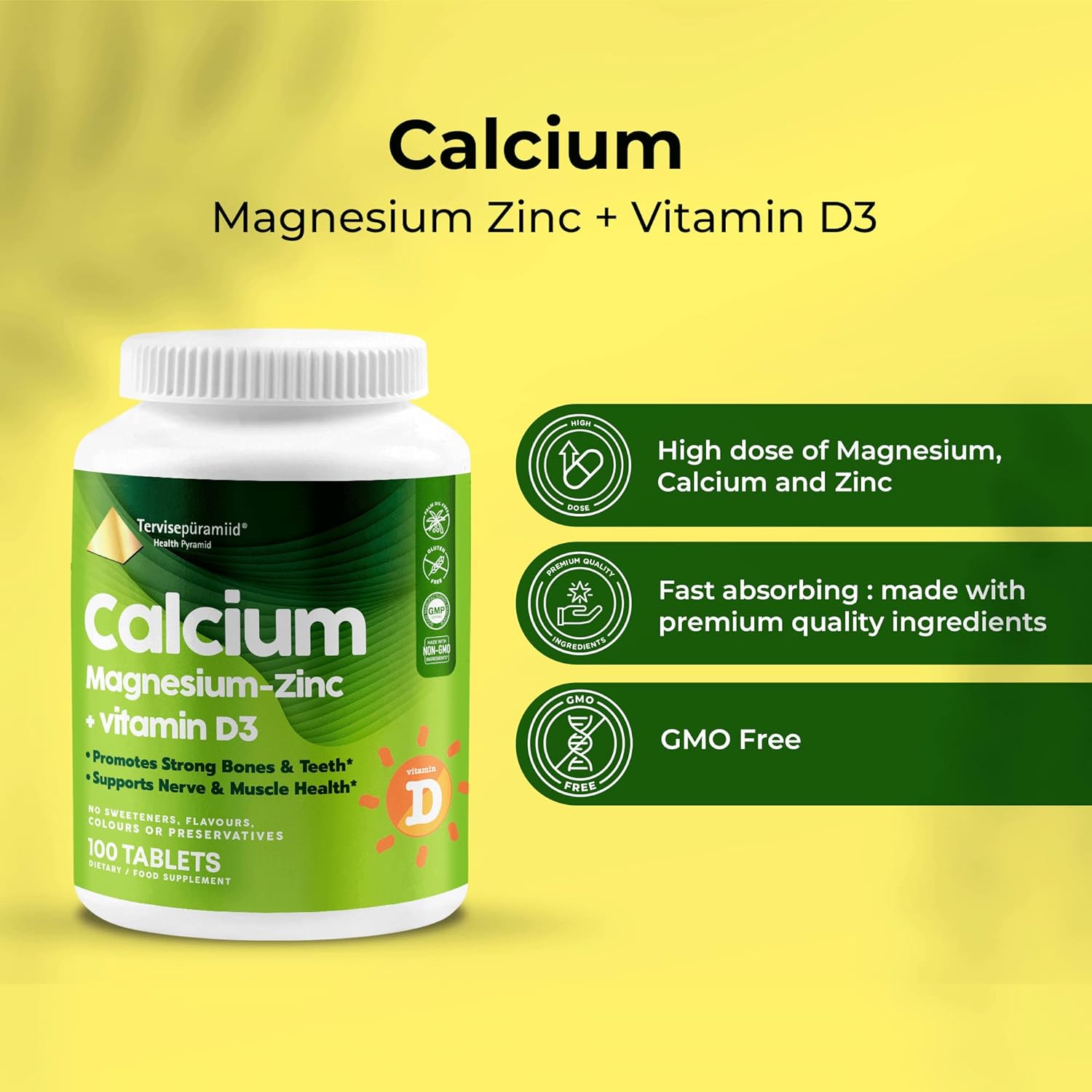 Vegan Health Pyramid Calcium Magnesium Zinc with Vitamin D3 Tablets for Strong Bones and Nerves