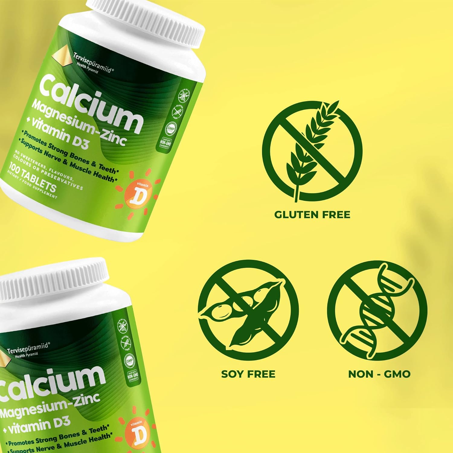 Vegan Health Pyramid Calcium Magnesium Zinc with Vitamin D3 Tablets for Strong Bones and Nerves