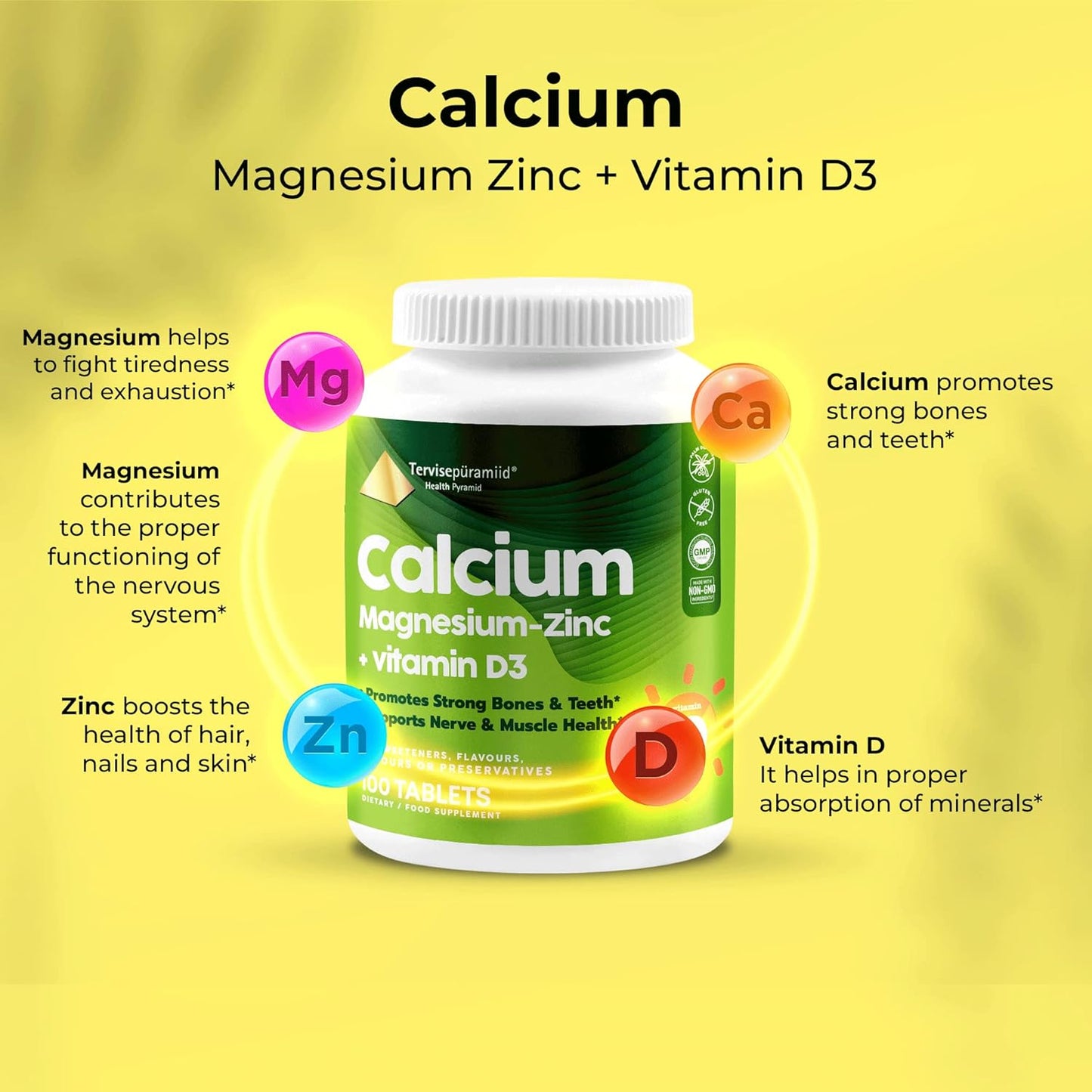 Vegan Health Pyramid Calcium Magnesium Zinc with Vitamin D3 Tablets for Strong Bones and Nerves