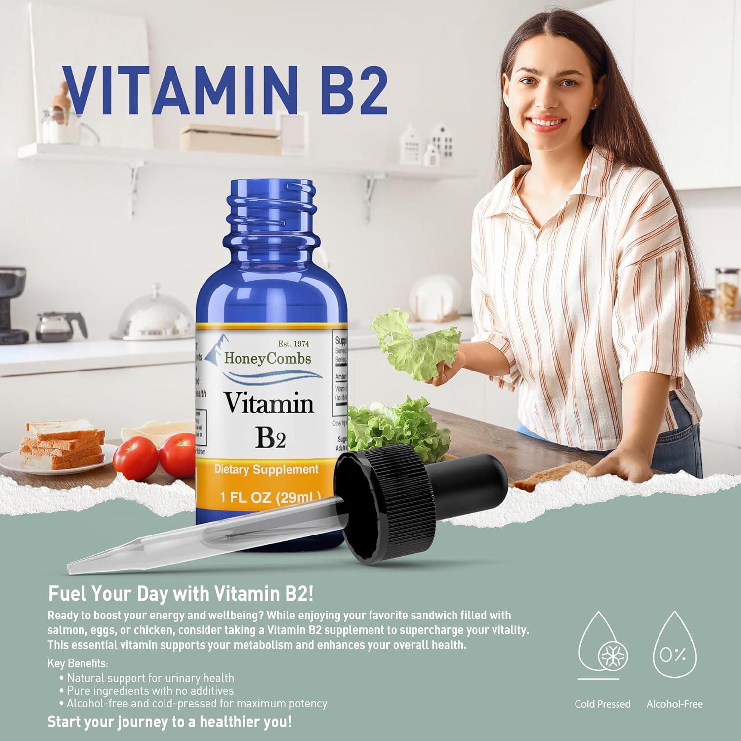 Vegan High Potency Vitamin B1 & B2 Liquid Drops for Health, Digestion, Hair, Skin & Nails - Non-GMO, Alcohol-Free HoneyCombs
