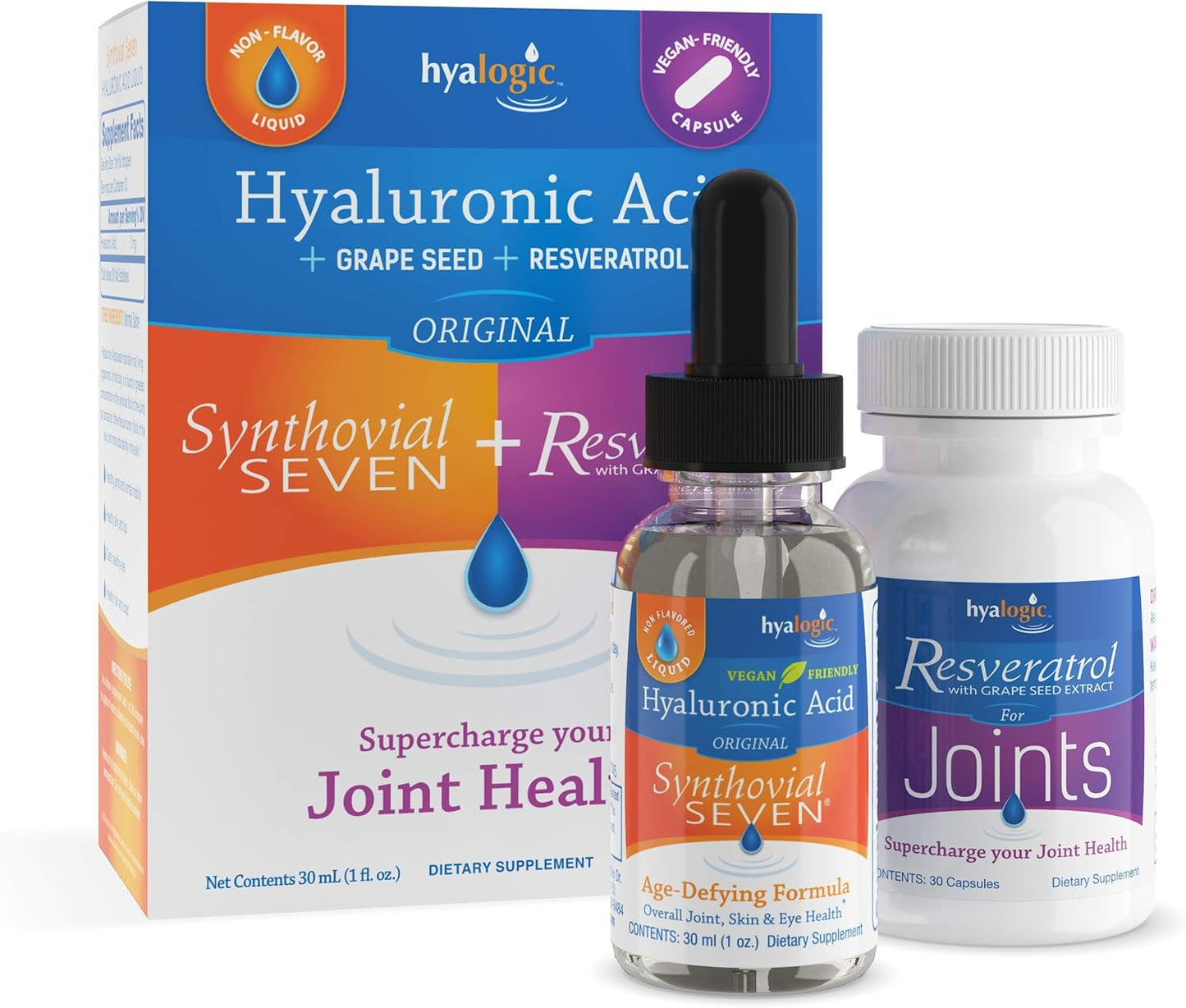 Vegan Hyalogic Synthovial Seven Liquid & Resveratrol Capsules for HA Joint Support - 1 oz