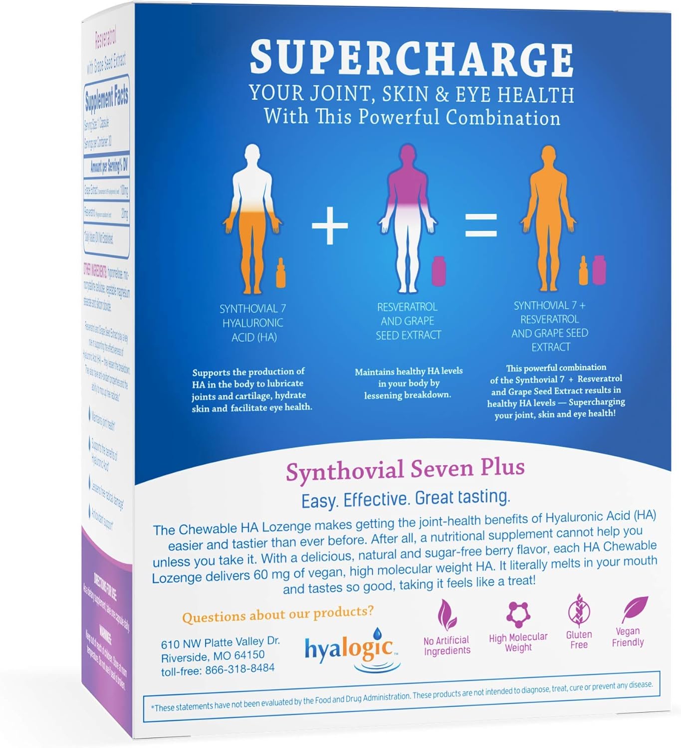 Vegan Hyalogic Synthovial Seven Liquid & Resveratrol Capsules for HA Joint Support - 1 oz