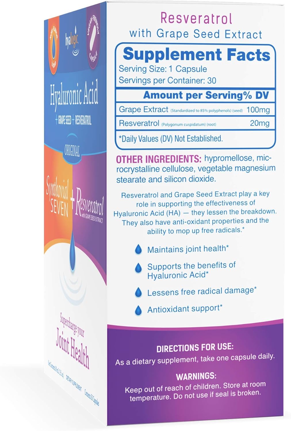 Vegan Hyalogic Synthovial Seven Liquid & Resveratrol Capsules for HA Joint Support - 1 oz
