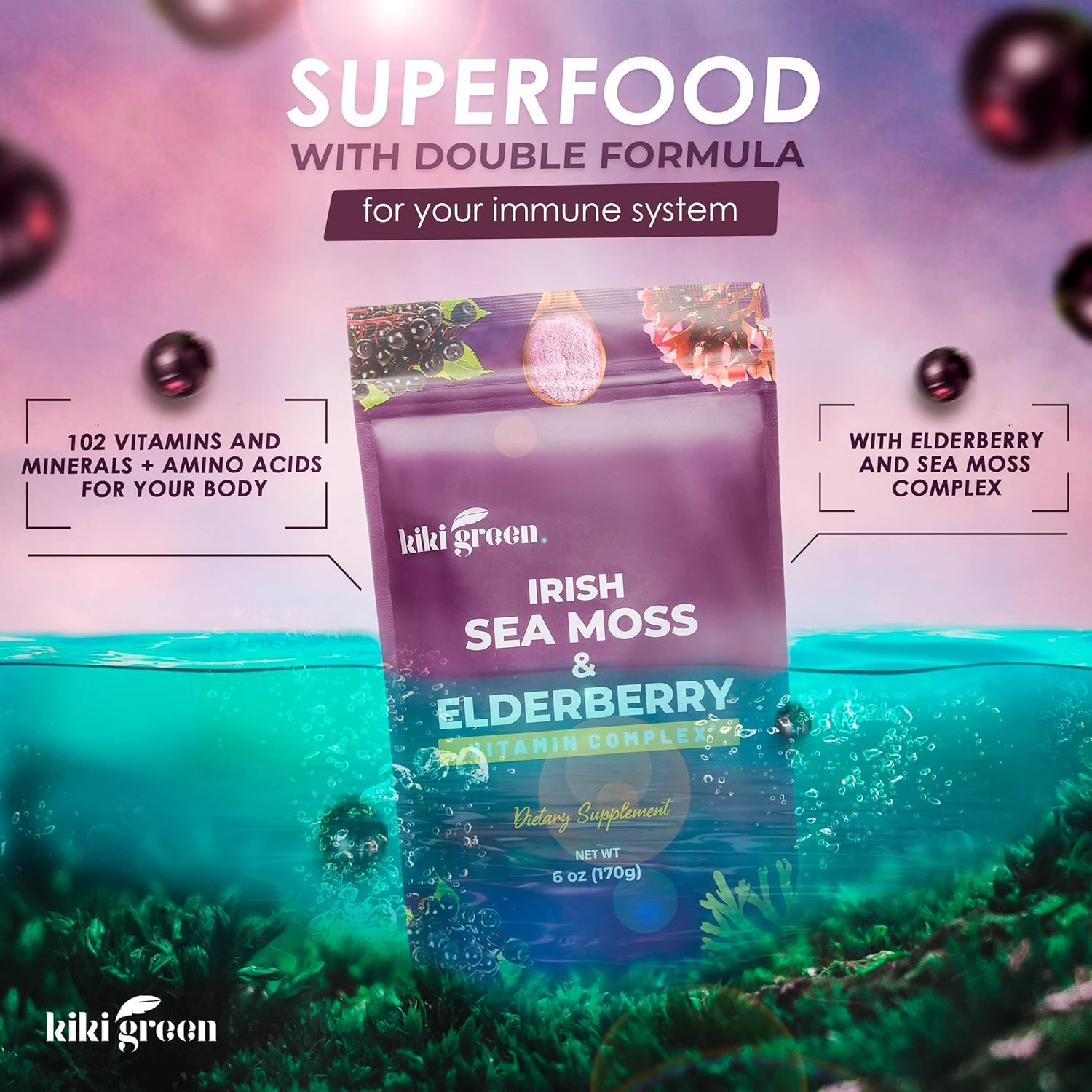 Vegan Immune Support Bundle with Green Sea Moss, Elderberry Powder & Liquid Drops - Immunity & Energy Boost - 6 oz Sea Moss, 2 oz Drops
