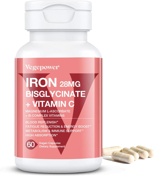 Vegan Iron Bisglycinate Supplement with Vitamin C & Folic Acid for Women - High Absorption Iron Pills for Anemia & Energy Support - Gluten-Free, Non-GMO - 60 Capsules