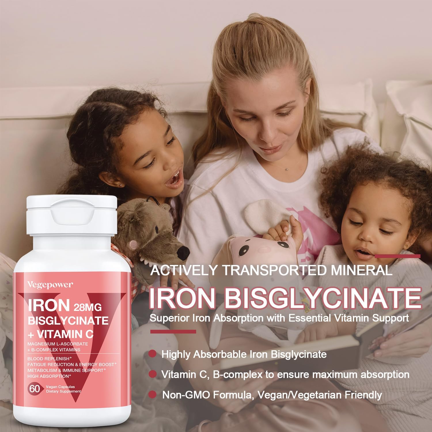 Vegan Iron Bisglycinate Supplement with Vitamin C & Folic Acid for Women - High Absorption Iron Pills for Anemia & Energy Support - Gluten-Free, Non-GMO - 60 Capsules
