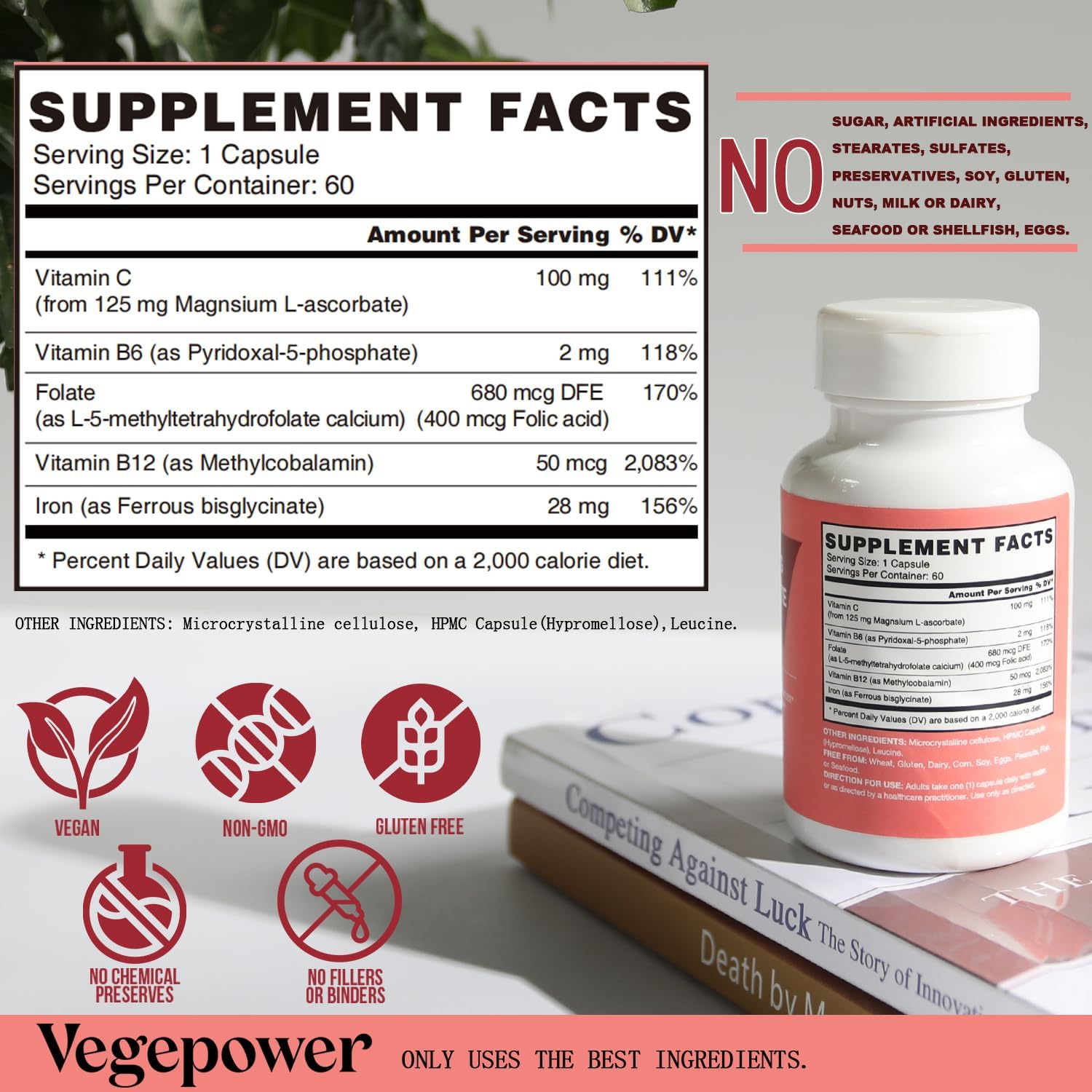 Vegan Iron Bisglycinate Supplement with Vitamin C & Folic Acid for Women - High Absorption Iron Pills for Anemia & Energy Support - Gluten-Free, Non-GMO - 60 Capsules