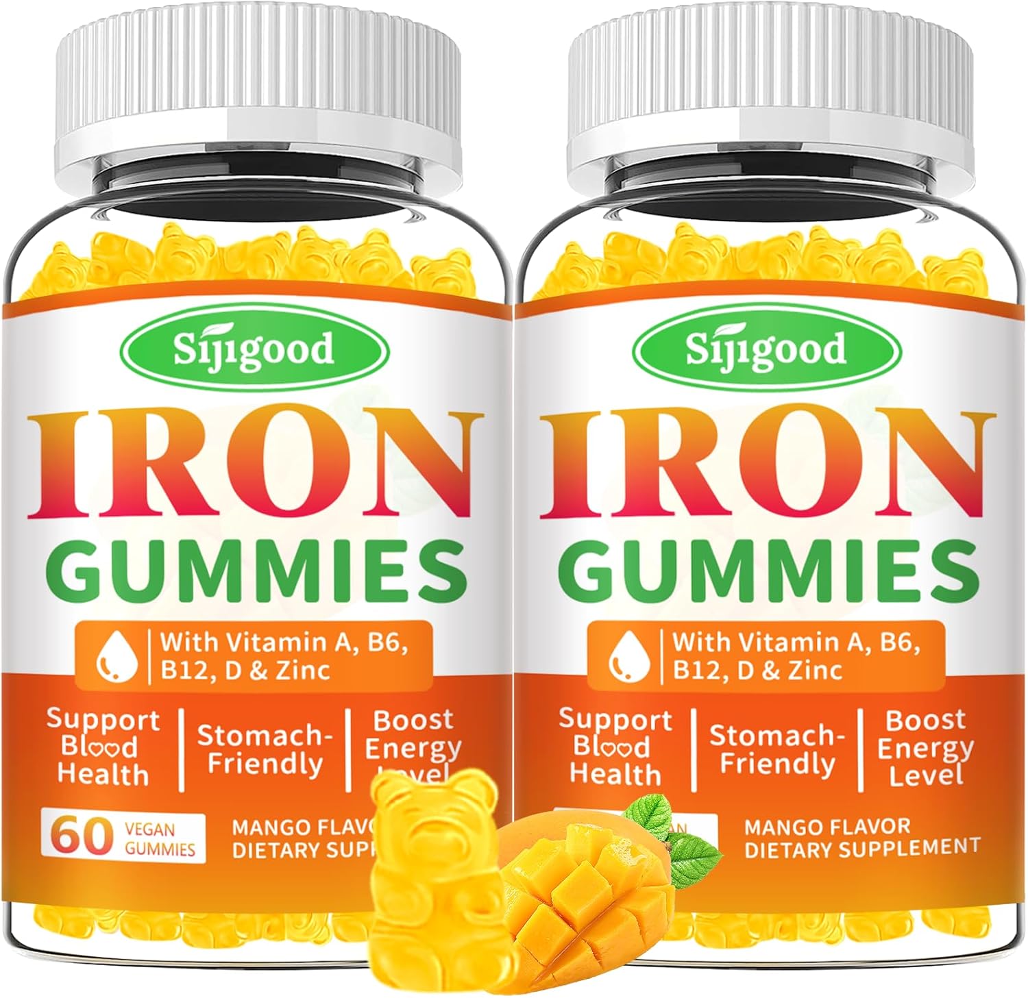 Vegan Iron Gummies 2 Pack for Anemia & Energy Boost - Iron Supplement with Vitamin B12, C, Zinc - 120 Count Sugar-Free Mango Flavor