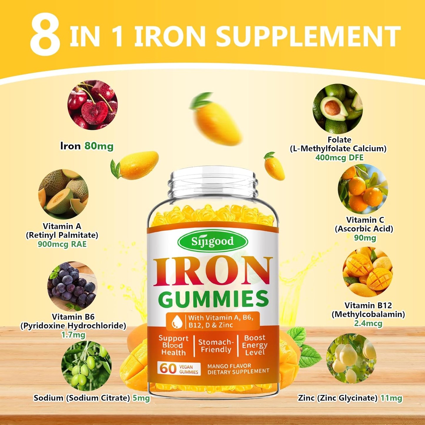 Vegan Iron Gummies 2 Pack for Anemia & Energy Boost - Iron Supplement with Vitamin B12, C, Zinc - 120 Count Sugar-Free Mango Flavor