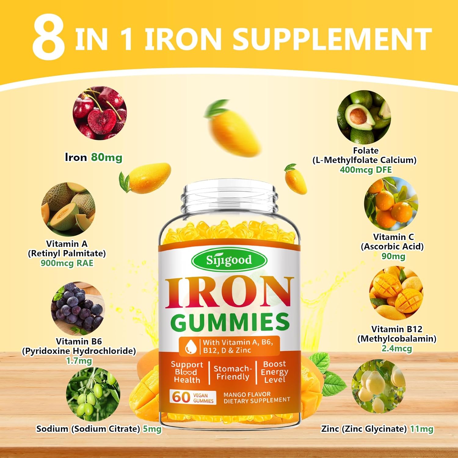 Vegan Iron Gummies 2 Pack for Anemia & Energy Boost - Iron Supplement with Vitamin B12, C, Zinc - 120 Count Sugar-Free Mango Flavor