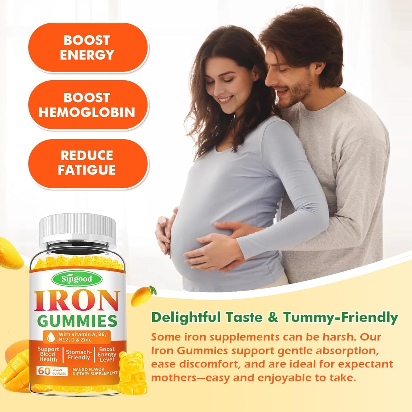 Vegan Iron Gummies 2 Pack for Anemia & Energy Boost - Iron Supplement with Vitamin B12, C, Zinc - 120 Count Sugar-Free Mango Flavor