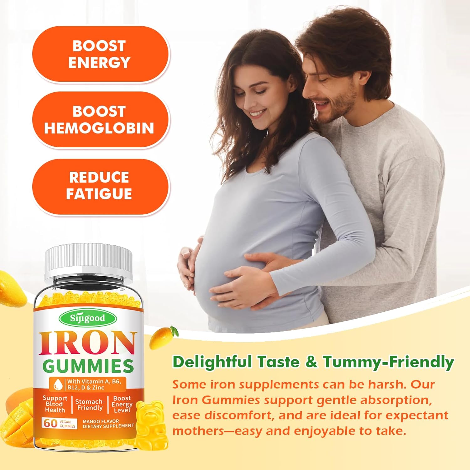 Vegan Iron Gummies 2 Pack for Anemia & Energy Boost - Iron Supplement with Vitamin B12, C, Zinc - 120 Count Sugar-Free Mango Flavor