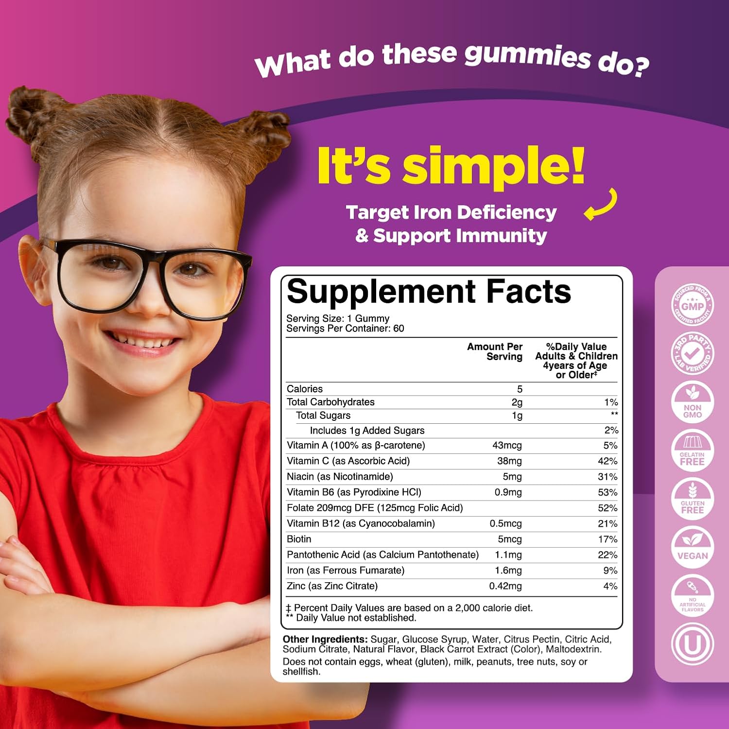Vegan Iron Gummies for Kids with Vitamin C - Immunity & Energy Support - Gentle Blood Builder Supplements with Vitamin B6, B12, A, Niacin, Folate - 60 Count