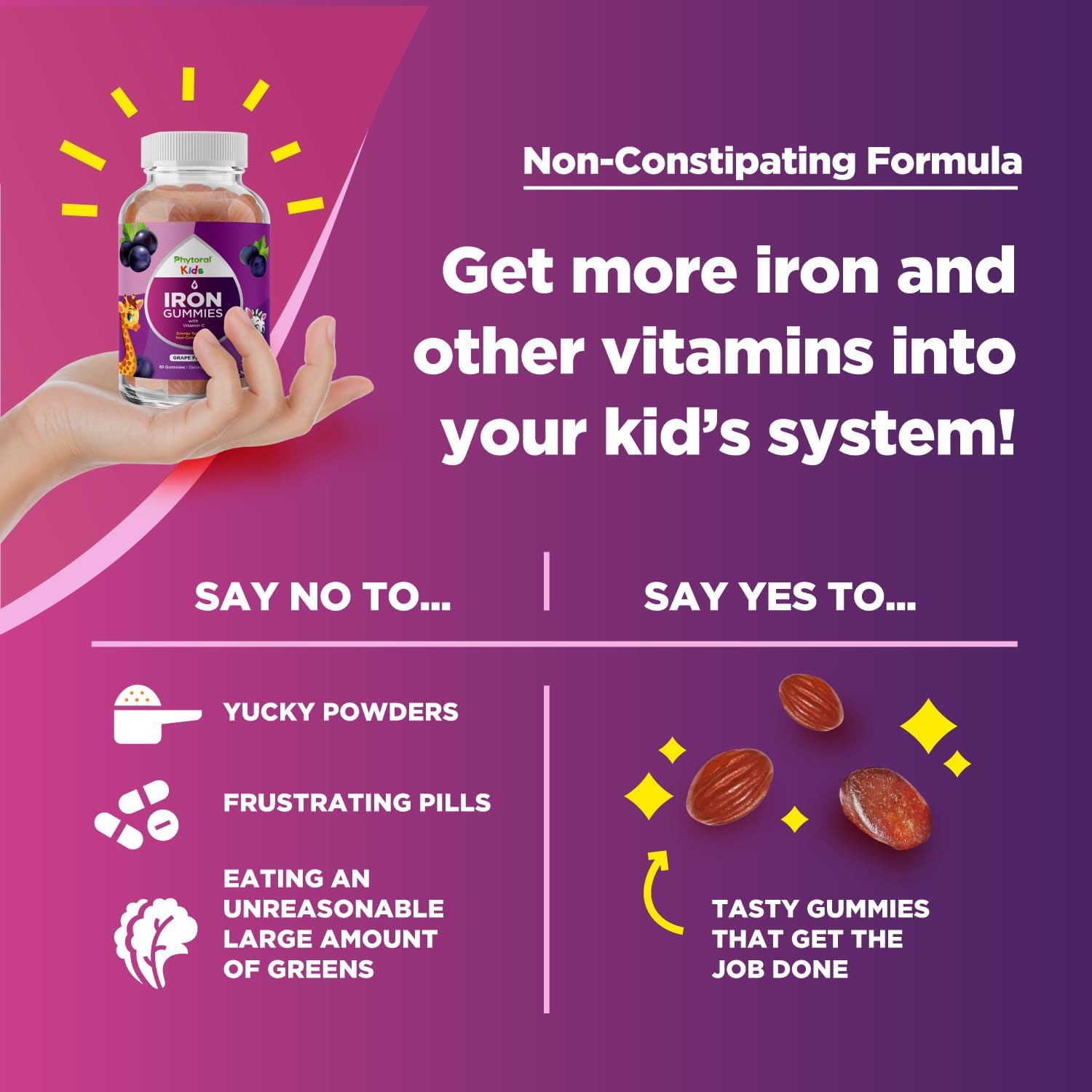 Vegan Iron Gummies for Kids with Vitamin C - Immunity & Energy Support - Gentle Blood Builder Supplements with Vitamin B6, B12, A, Niacin, Folate - 60 Count