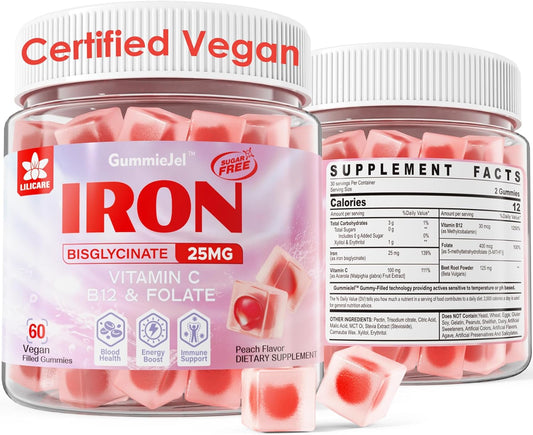 Vegan Iron Gummies for Women - 25mg with Vitamin C, B12, Folate - Energy Boost, Anemia Relief - Non-Constipating, Sugar-Free, Peach Flavor - 60 Count