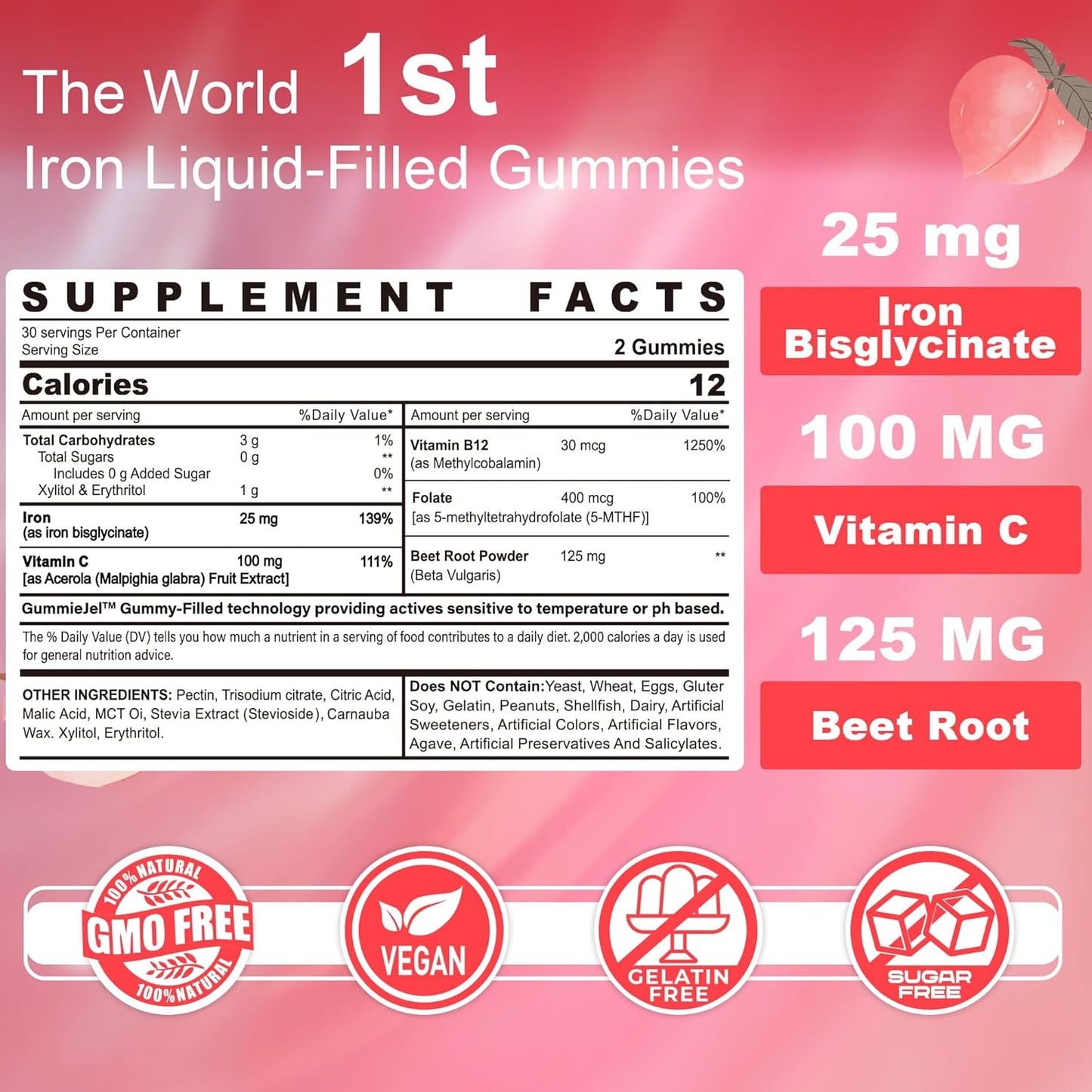Vegan Iron Gummies for Women - 25mg with Vitamin C, B12, Folate - Energy Boost, Anemia Relief - Non-Constipating, Sugar-Free, Peach Flavor - 60 Count