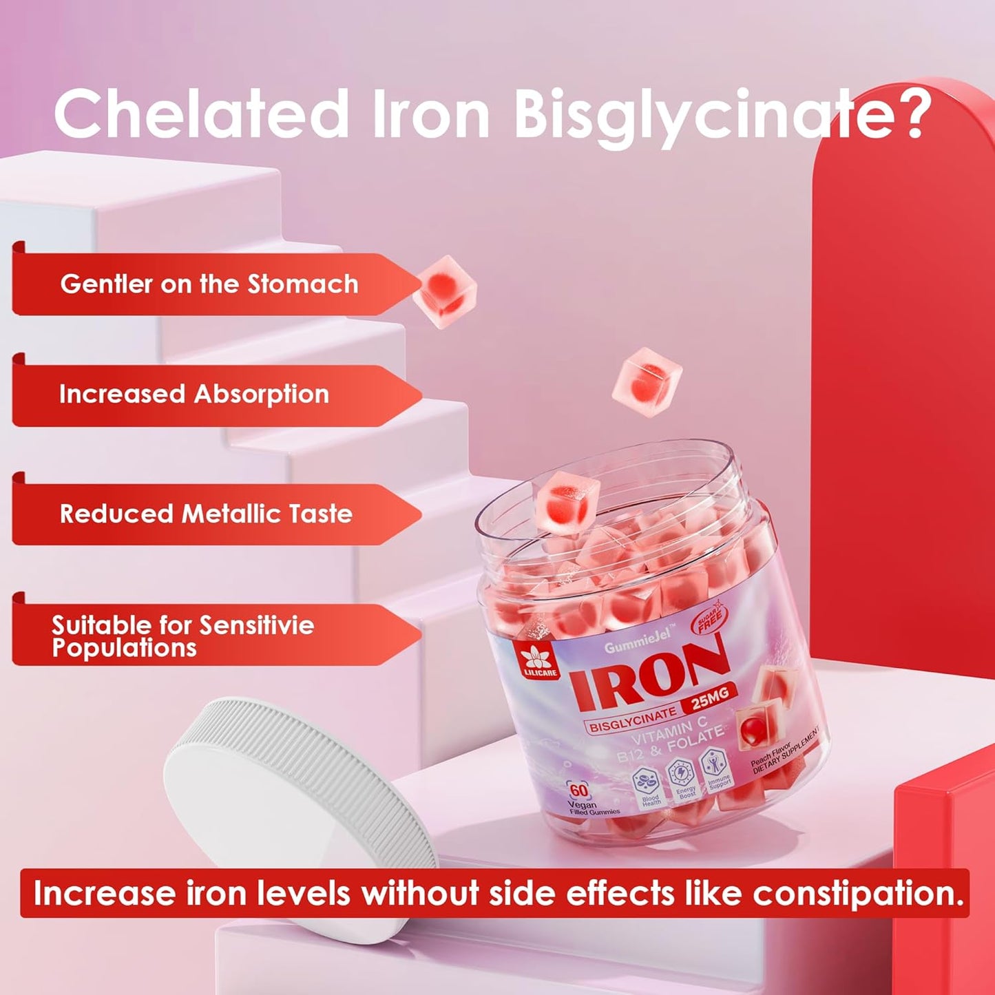 Vegan Iron Gummies for Women - 25mg with Vitamin C, B12, Folate - Energy Boost, Anemia Relief - Non-Constipating, Sugar-Free, Peach Flavor - 60 Count