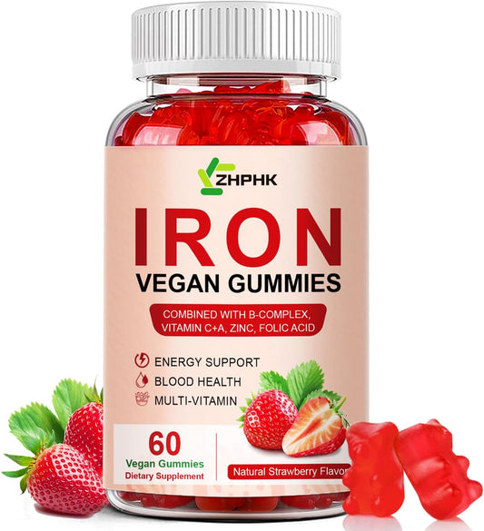 Vegan Iron Gummies for Women with Vitamin C, A, B-Complex, Zinc, Folate - 65mg Iron for Anemia, Energy Boost, Sleep - Non-GMO