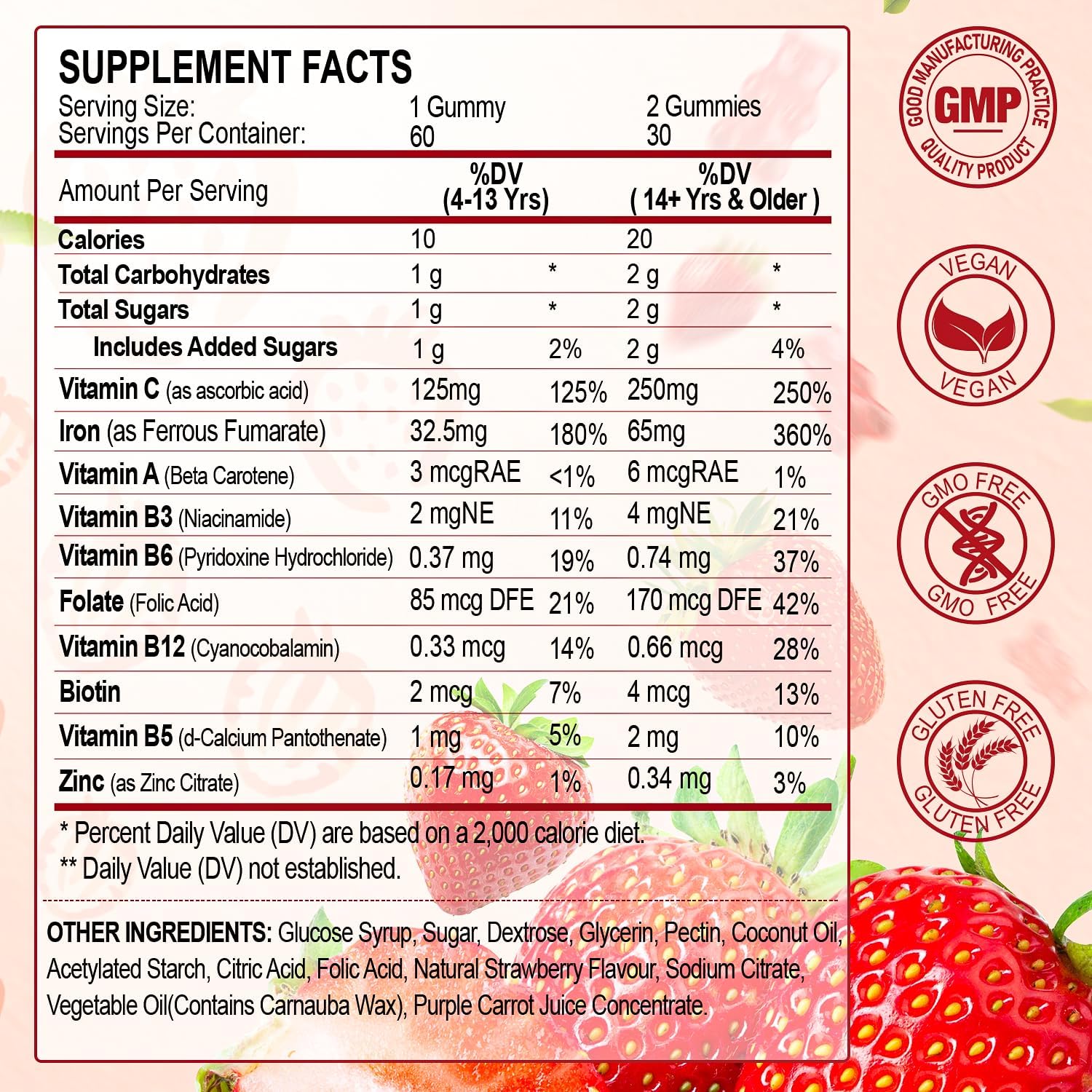 Vegan Iron Gummies for Women with Vitamin C, A, B-Complex, Zinc, Folate - 65mg Iron for Anemia, Energy Boost, Sleep - Non-GMO