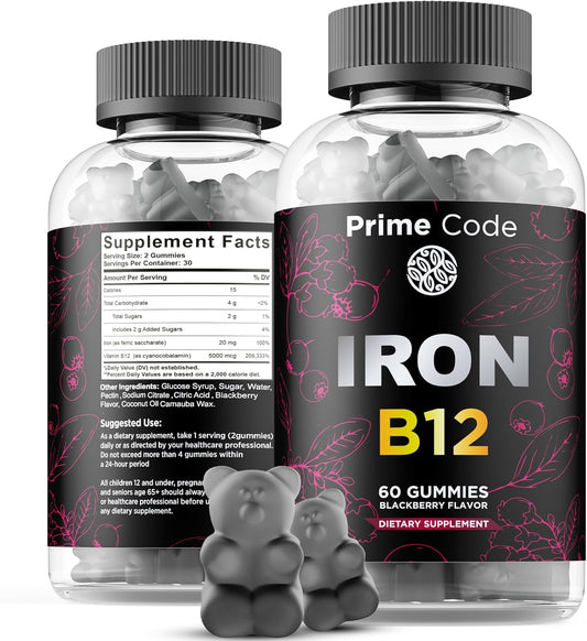 Vegan Iron Gummies with Vitamin B12 - Natural Blackberry Flavor - 30 Day Supply - Non-GMO Blood Builder Supplement for Anemia in Women & Men