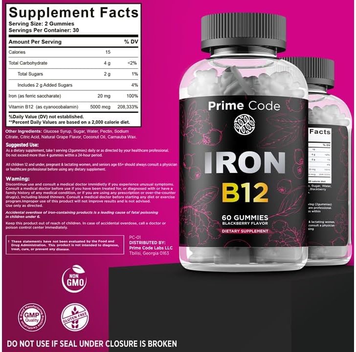 Vegan Iron Gummies with Vitamin B12 - Natural Blackberry Flavor - 30 Day Supply - Non-GMO Blood Builder Supplement for Anemia in Women & Men