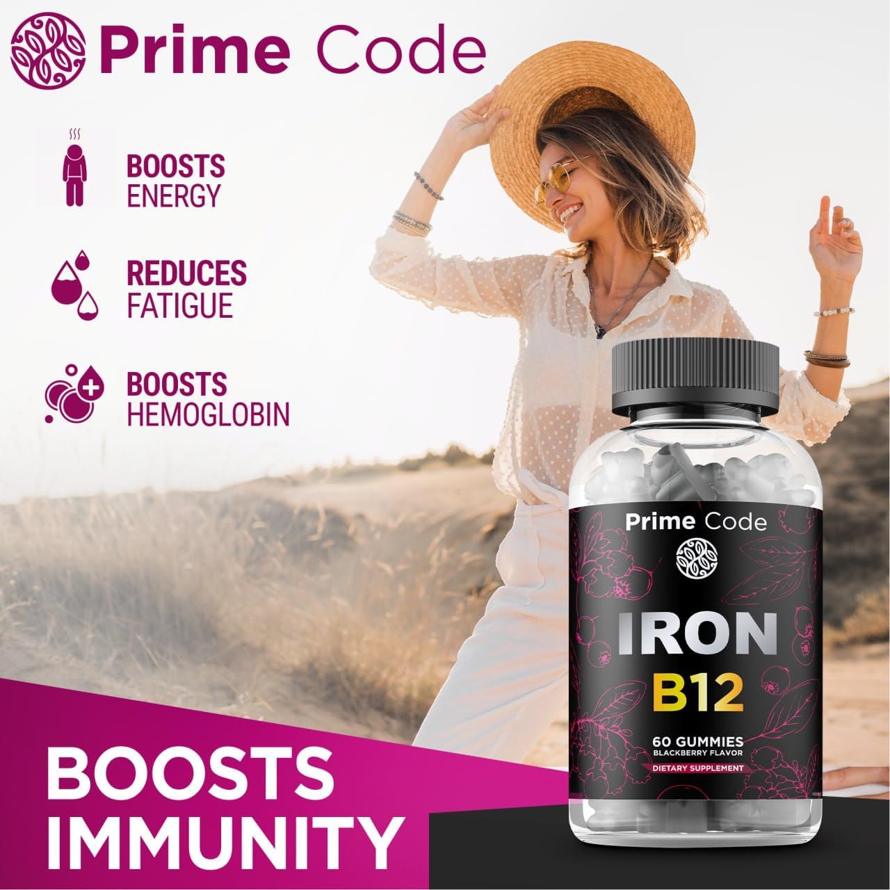 Vegan Iron Gummies with Vitamin B12 - Natural Blackberry Flavor - 30 Day Supply - Non-GMO Blood Builder Supplement for Anemia in Women & Men