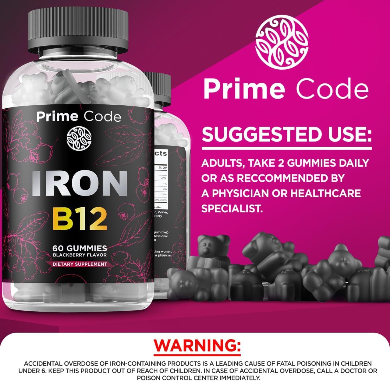 Vegan Iron Gummies with Vitamin B12 - Natural Blackberry Flavor - 30 Day Supply - Non-GMO Blood Builder Supplement for Anemia in Women & Men